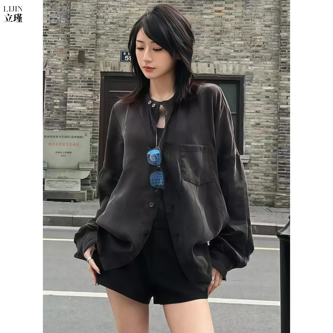 休闲圆领长袖女式早秋薄开衫2025新款宽松大翻盖口袋裤设计上衣