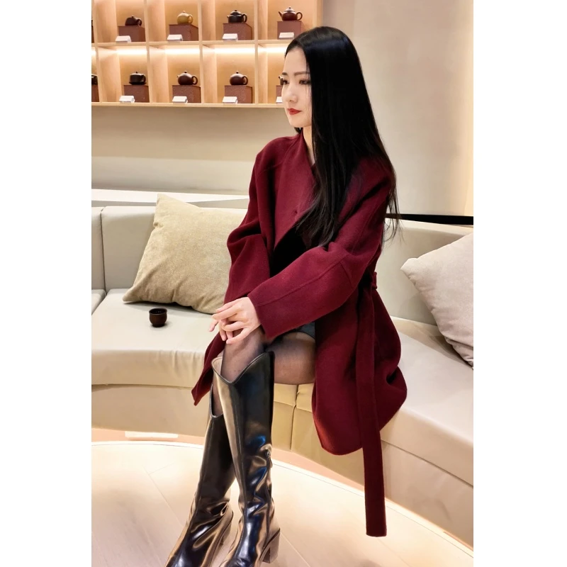 【车厘子红】红色大衣羊绒外套中长款秋冬女双面羊绒气质大衣时尚