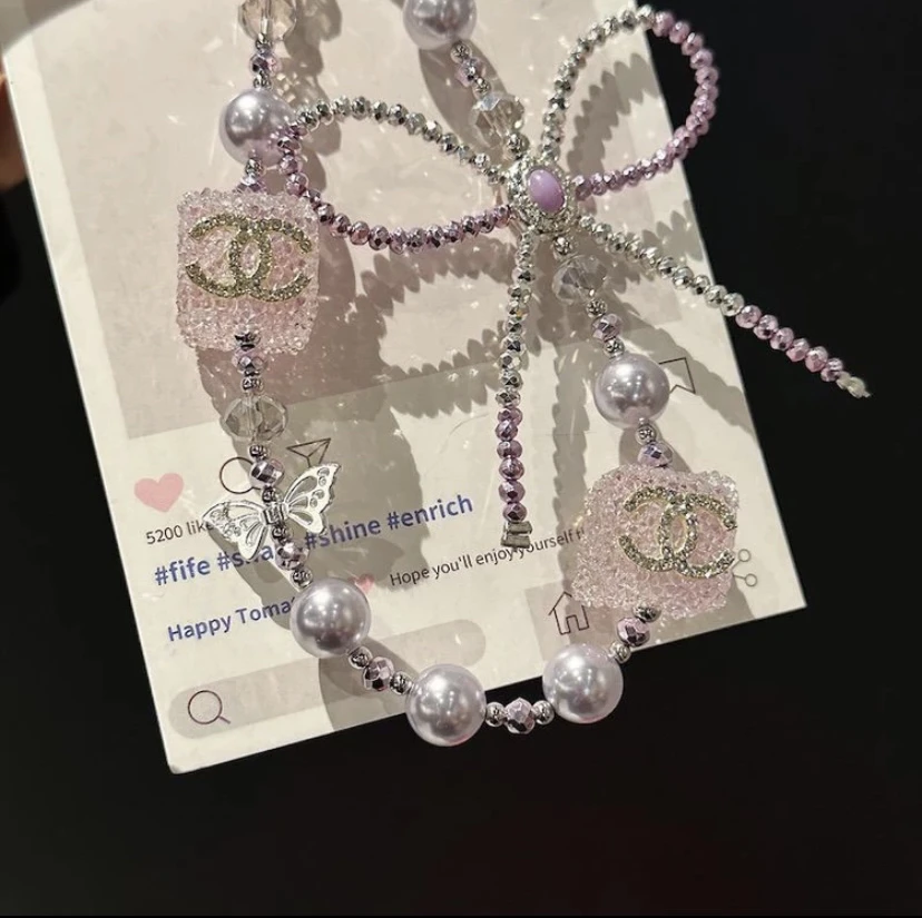 ins手工轻奢小香风粉钻蝴蝶结手机链条高级质感珍珠水晶挂绳挂链