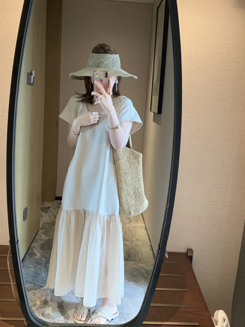 拼接宽松腰夏季不褪色温柔纯色长裙连衣裙休闲风纯欲风原宿风