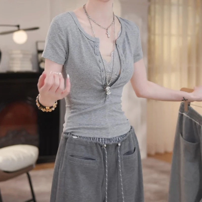 2025新款假两件蕾丝拼接短袖T恤显瘦修身内搭LK2502751