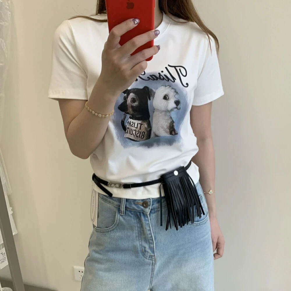 Meiky饼 韩系百搭 狗狗卡通印花侧抽绳圆领短袖T恤 3色