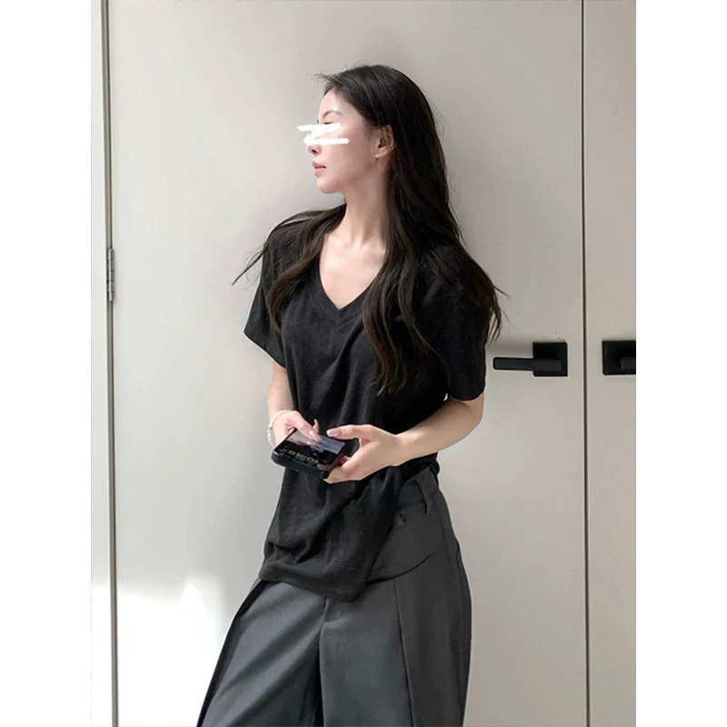 Moses Queen/魔西女王桃心领基础短袖T恤女慵懒风百搭打底上衣