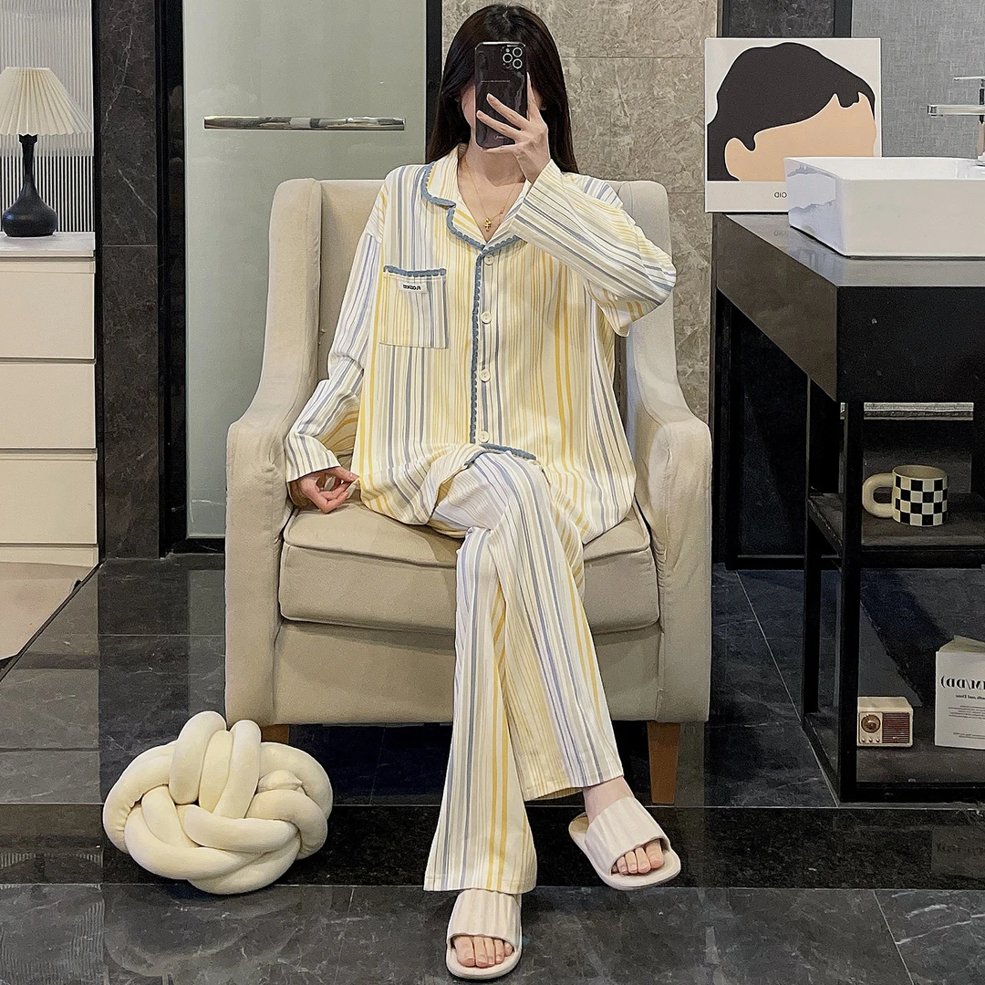 纯棉睡衣女春秋季长袖大码2025新款保暖家居服渐变竖条可外穿套装