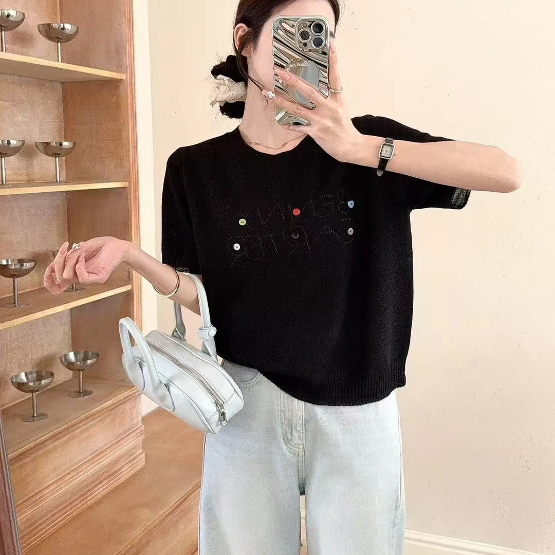 哥家2025夏新款圆领彩色刺绣字母休闲T恤宽松冰丝针织衫