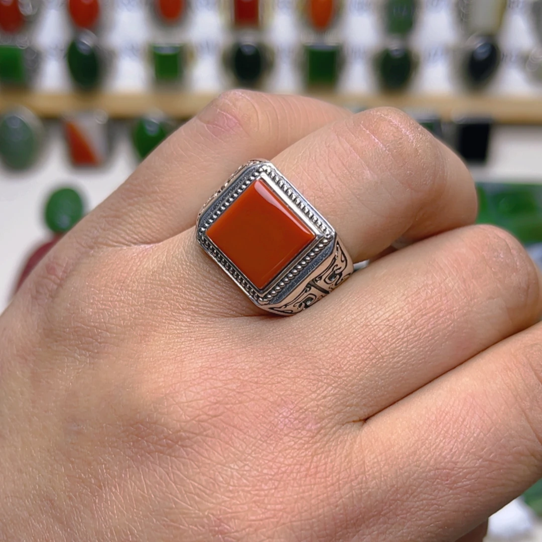 柿子红S925银玛瑙戒指玉石银戒复古重工银托实心