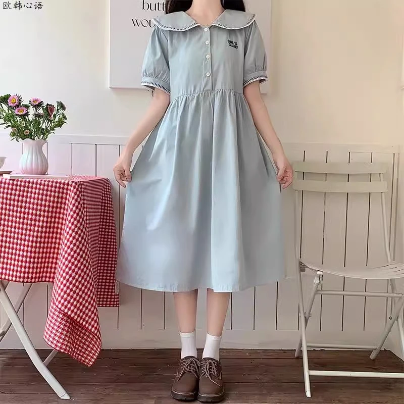 《4号》少女娃娃领夏装初高中学生减龄学院风甜美日系中长裙子