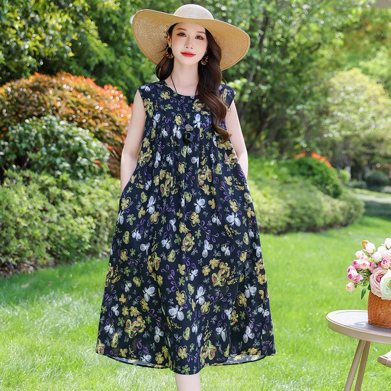 胖妈妈加肥加大码夏装新款中老年连衣裙女无袖裙子洋气减龄棉绸裙