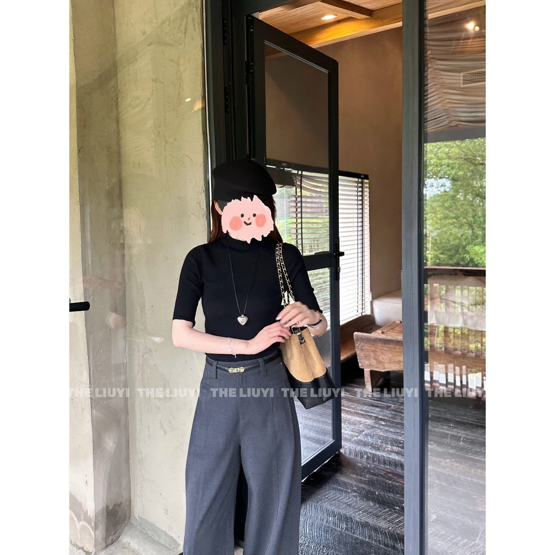 针织气质显瘦半高领中袖上衣小个子高腰时尚休闲百搭夏季小众