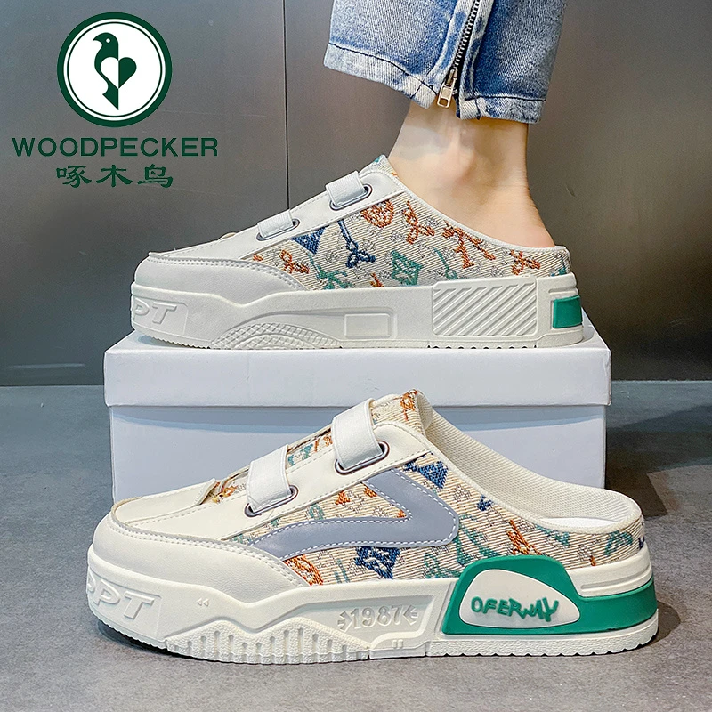 帆布鞋男款夏季懒人小众无后跟运动半拖鞋透气厚底休闲板鞋