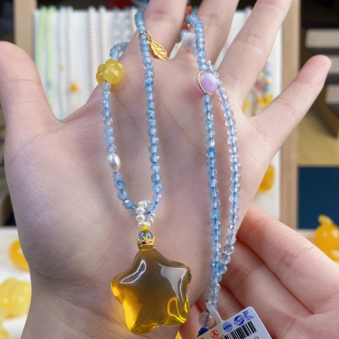 蓝珀银S925镶嵌裸石蓝珀星星吊坠