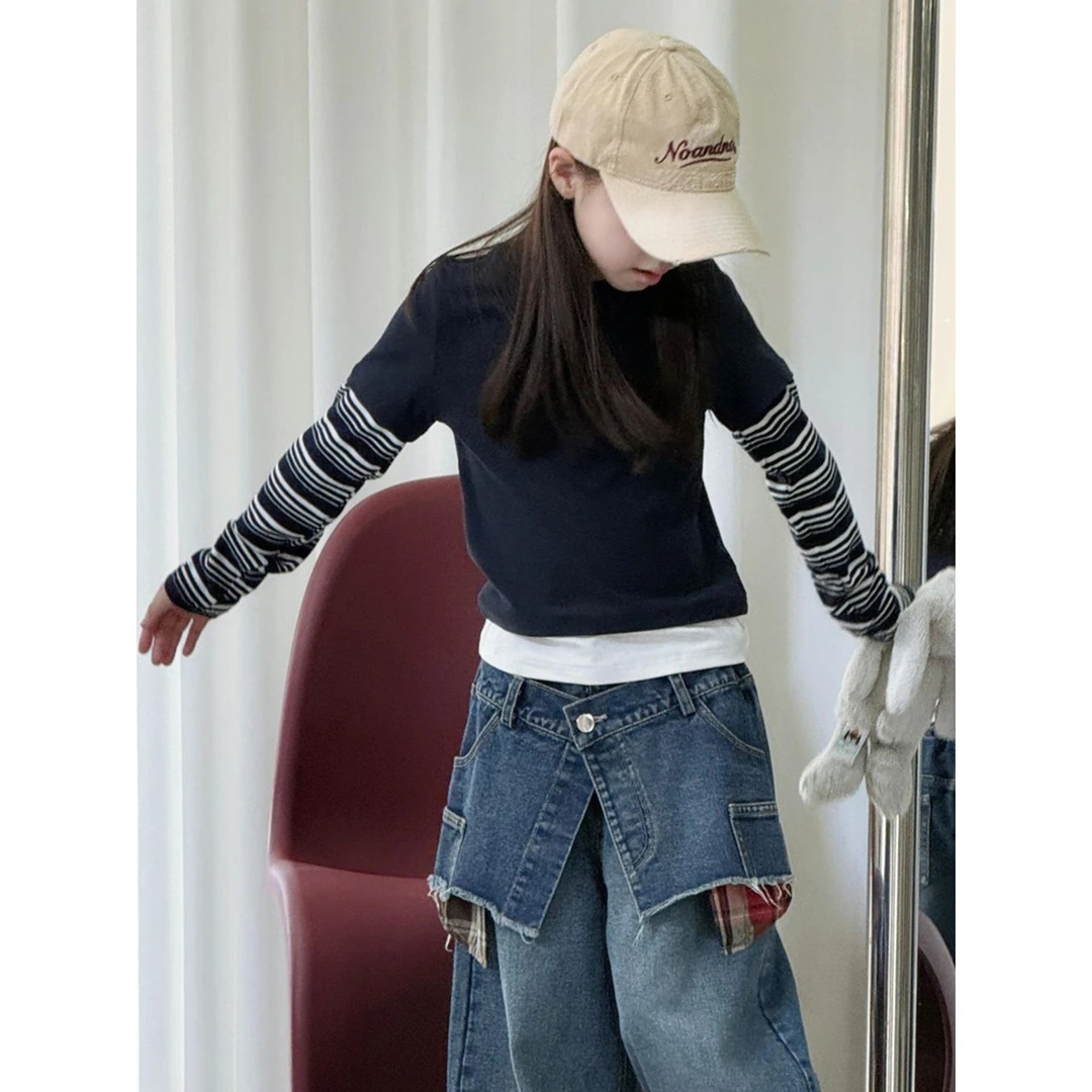 女童套装打底衫秋装2025新款洋气儿童修身条纹假两件上衣春秋款
