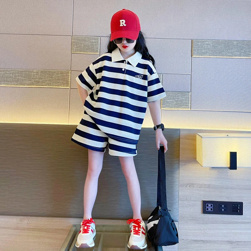 女童夏季条纹套装2025新款儿童洋气网红童装大童夏款时髦宽松夏装