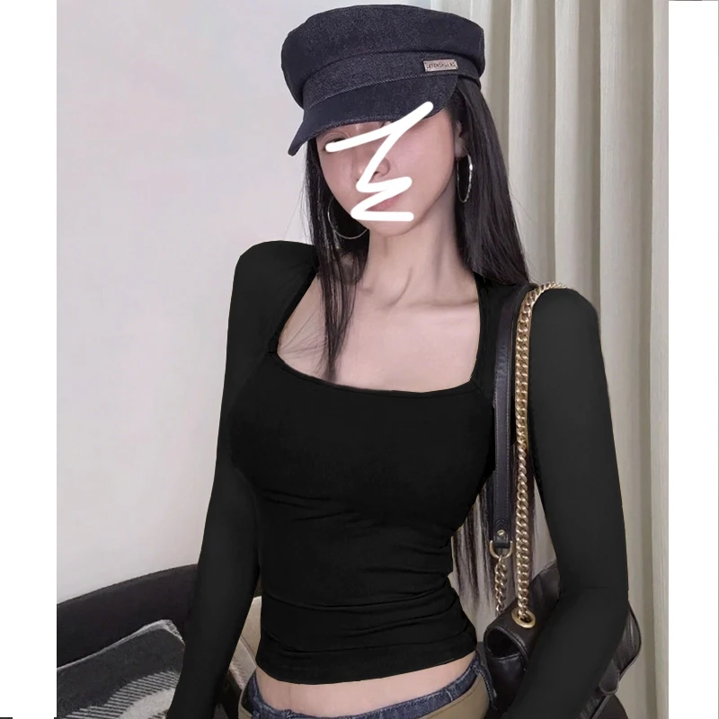 显身材长袖T恤女秋季2025新款黑色收腰韩系修身辣妹性感短款上衣