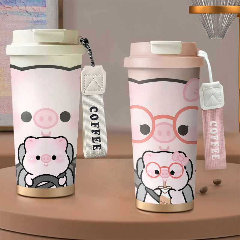 开车猪猪卡通可爱水杯咖啡杯不锈钢吸管情侣保温杯大容量便携校园