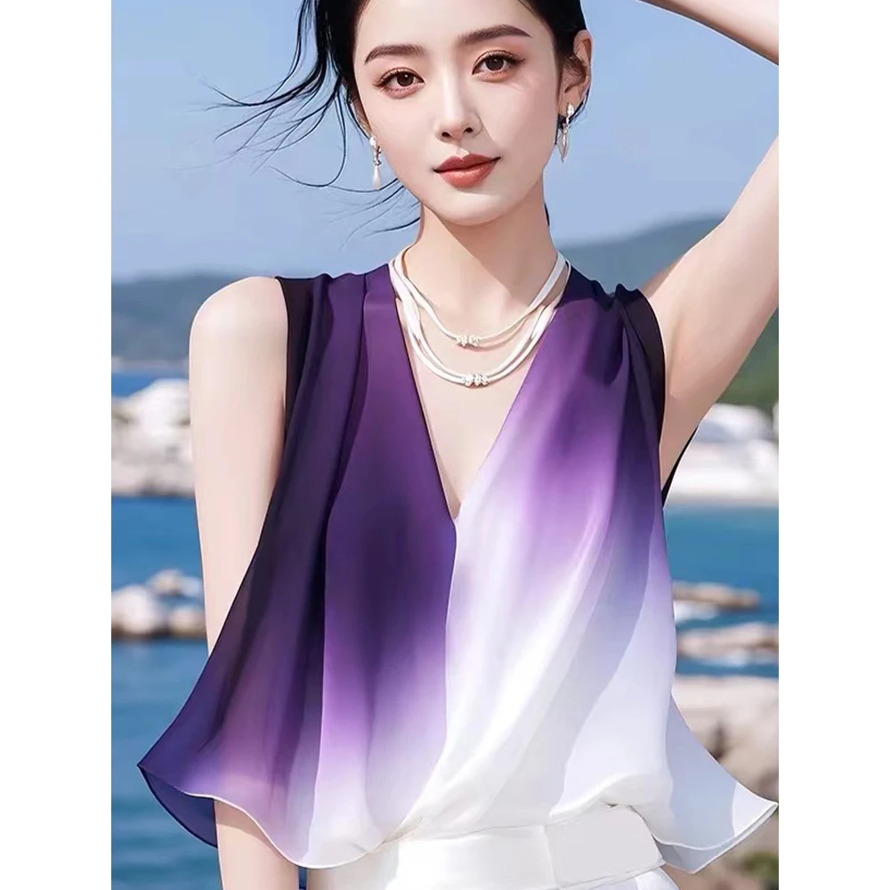 紫色渐变色雪纺衫女遮肚子夏季外穿背心衬衫v领高级感无袖上衣