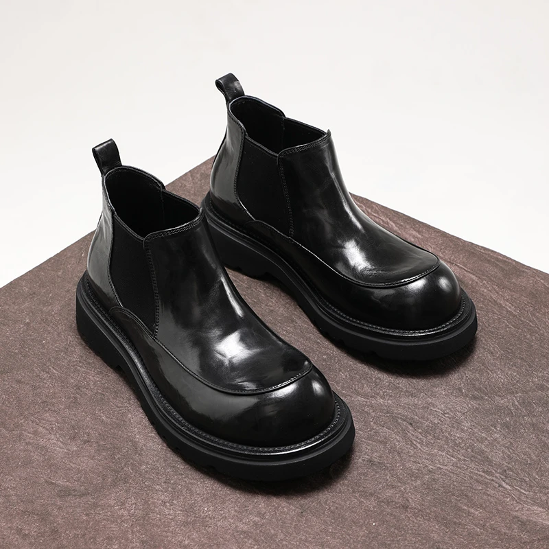 英伦风切尔西靴男保暖圆头高帮时尚短靴复古休闲黑色冬季厚底韩版