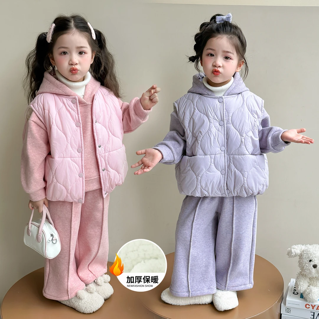 女童秋冬加绒套装2025新款宝宝洋气儿童棉马甲女孩卫衣加厚三件套