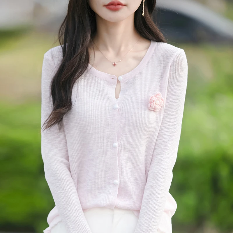 25年短款开衫薄款长袖女防晒百搭夏季竹节麻针织圆领开衫毛针织衫