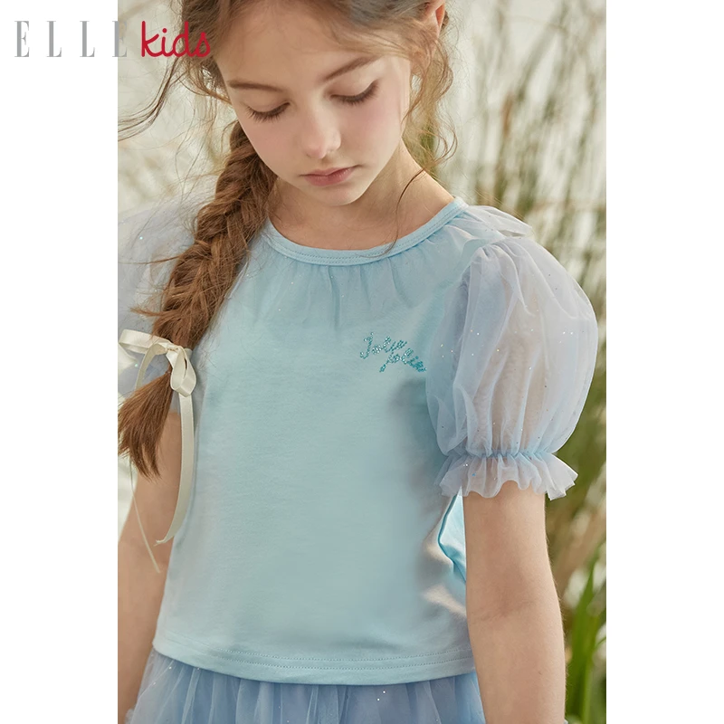 3046ELLE KIDS 童装网纱拼接可爱全棉双纱泡泡袖烫钻上衣短袖T恤