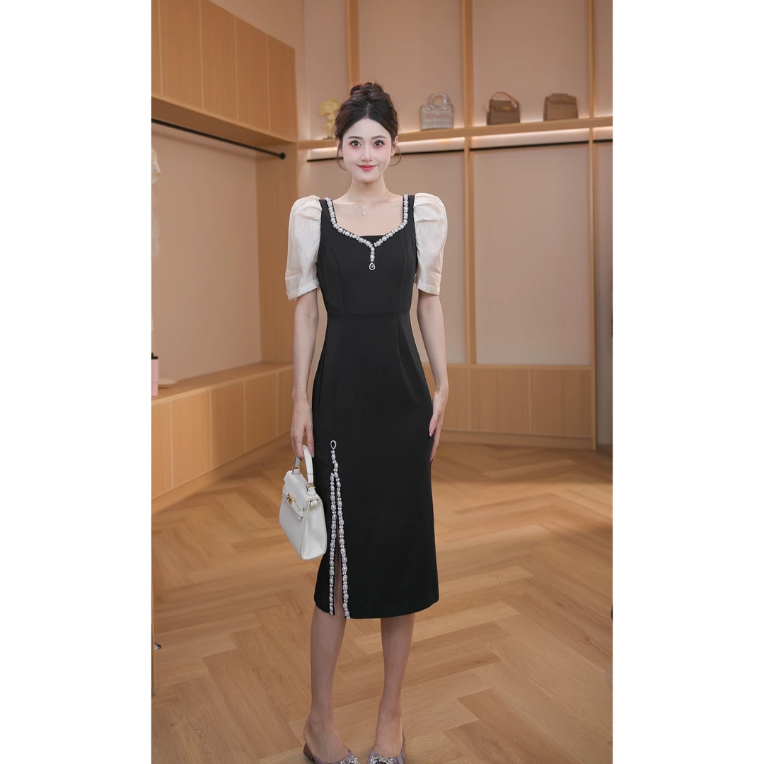 【柒老板定制】夏季新款气质修身小黑裙时尚设计感法式连衣裙50265
