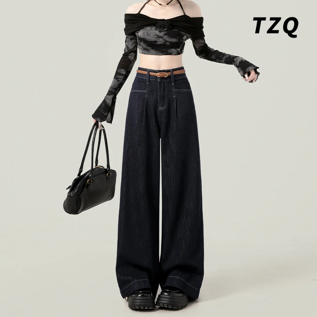 美式深蓝色直筒牛仔裤女装新款2024秋季高腰显瘦阔腿裤子TZQ81033