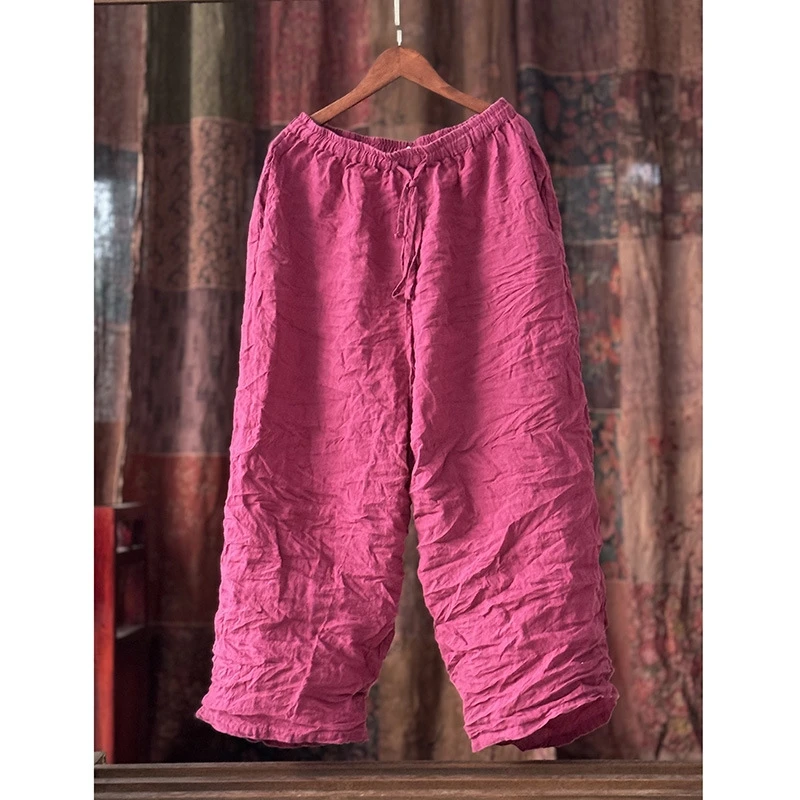 【热度】4398 复古文艺高温水洗宽松亚麻阔腿老爹裤长92臀围150