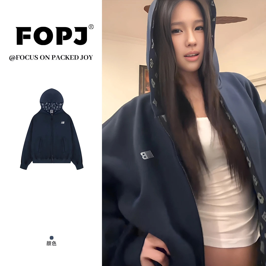 FOPJ刺绣款美式复古开衫连帽卫衣外套女春秋新款宽松百搭拉链上衣