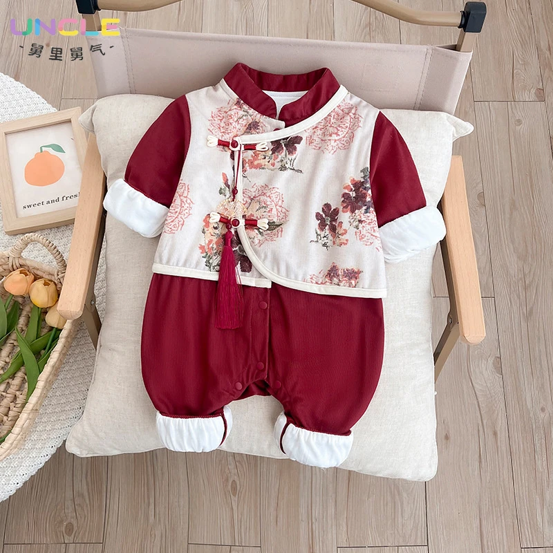 婴儿衣服新中式宝宝外穿秋装超萌百天爬服满月婴儿连体外出服春秋