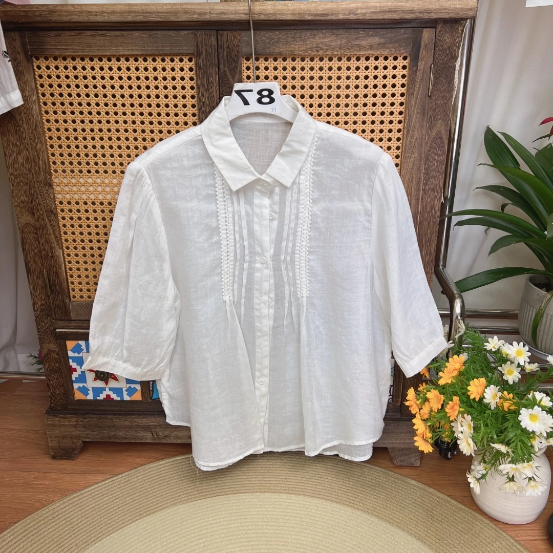 [087拍这里]复古国风刺绣印花苎麻小衫女2025夏新款上衣女休闲风