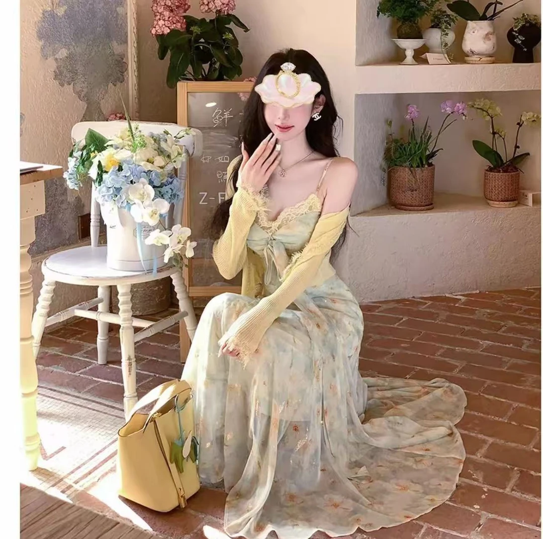 ZHUZHU 新款气质温柔印花吊带连衣裙长裙法式海边度假裙子[502]