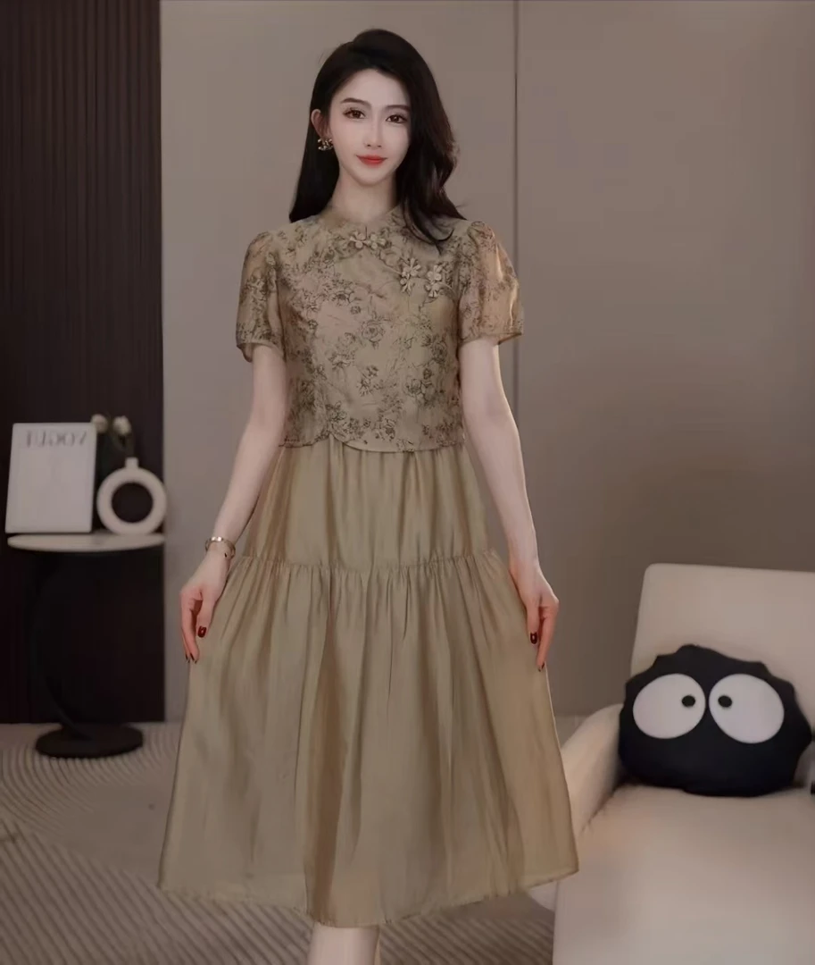 【F2259】古风印花旗袍式连衣裙新款气质减龄女神范遮肚子裙子