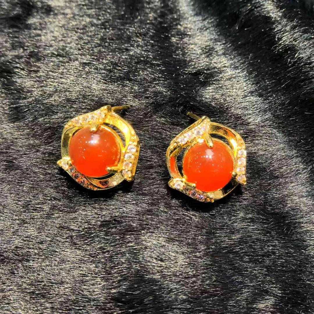 ST1651【盛年珠宝】红花参玉红玛瑙耳钩（一对发）-送礼佳品