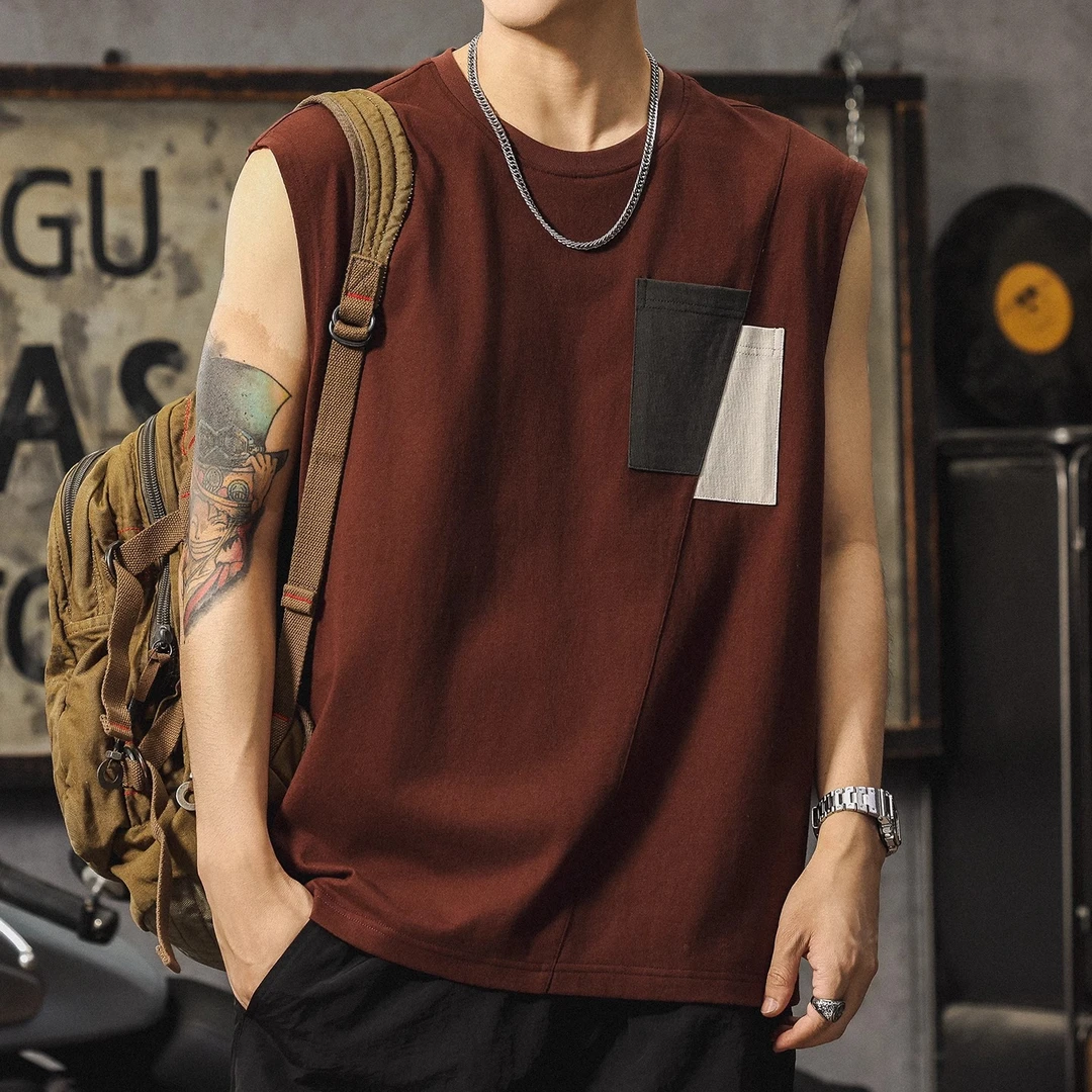 美式运动背心男士纯棉拼接口袋宽松休闲无袖男t恤ins潮牌坎肩上衣