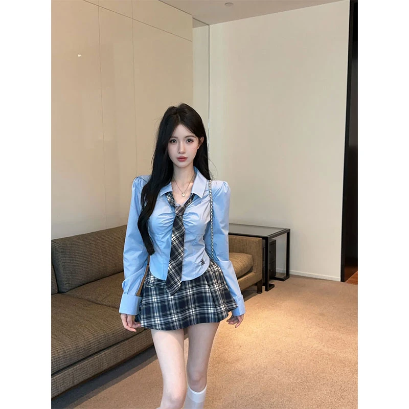 2025秋季新款学院风辣妹jk制服蓝色刺绣领带衬衫格纹a字短裙套装