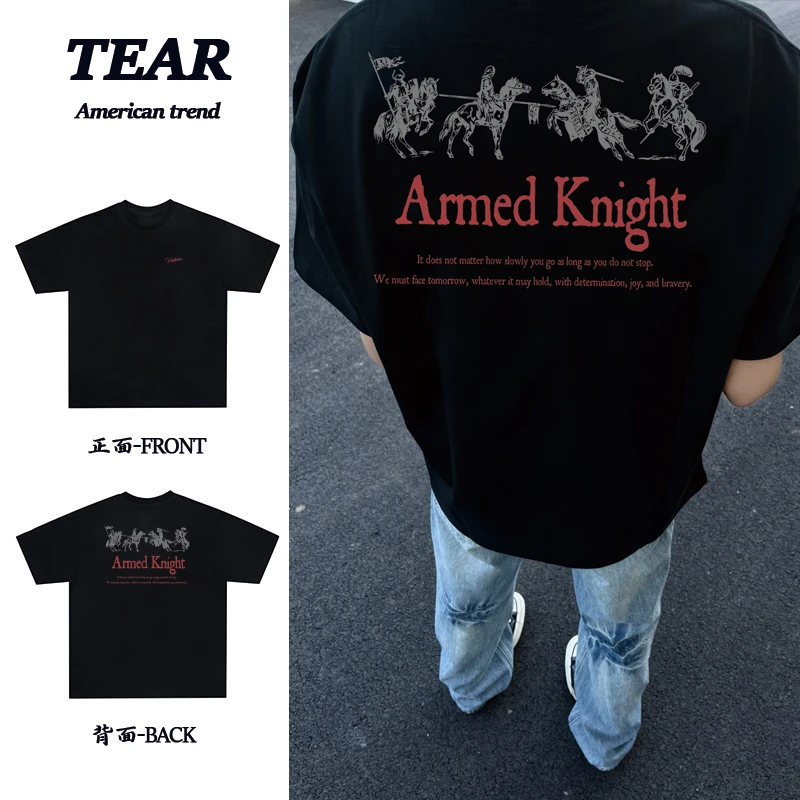 美式重磅纯棉骑士罗马字母复古宽松ootd穿搭圆领短袖T恤男女同款