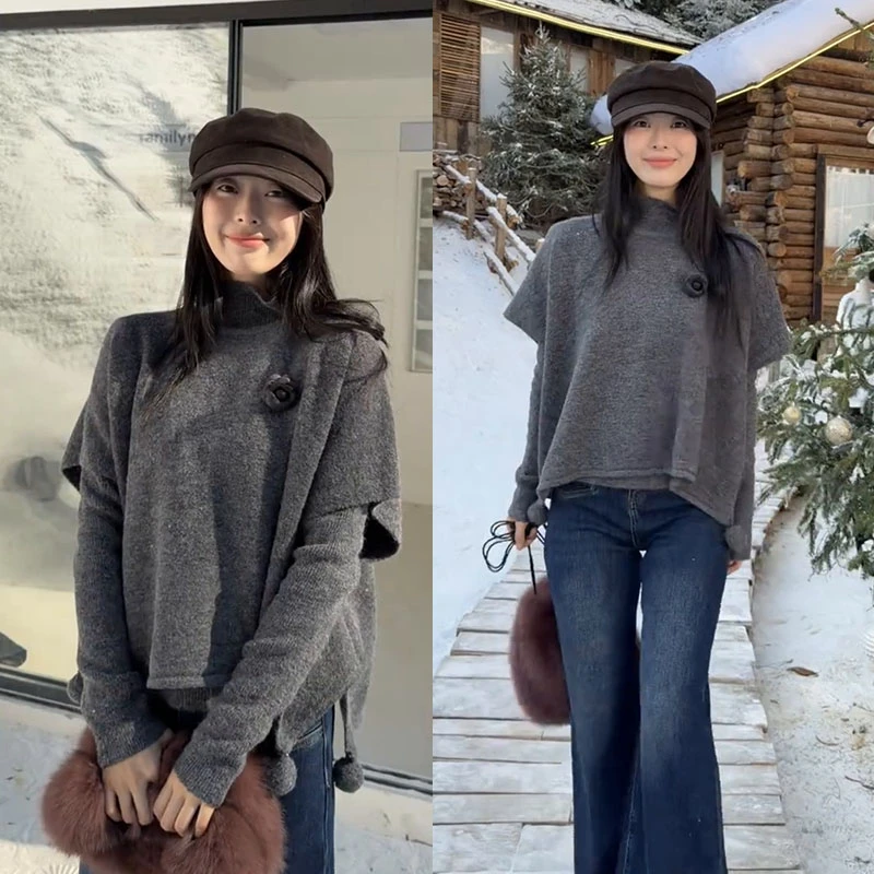 秋冬超火一整套女装2025新款韩版气质毛衣针织斗篷牛仔裤三件套潮