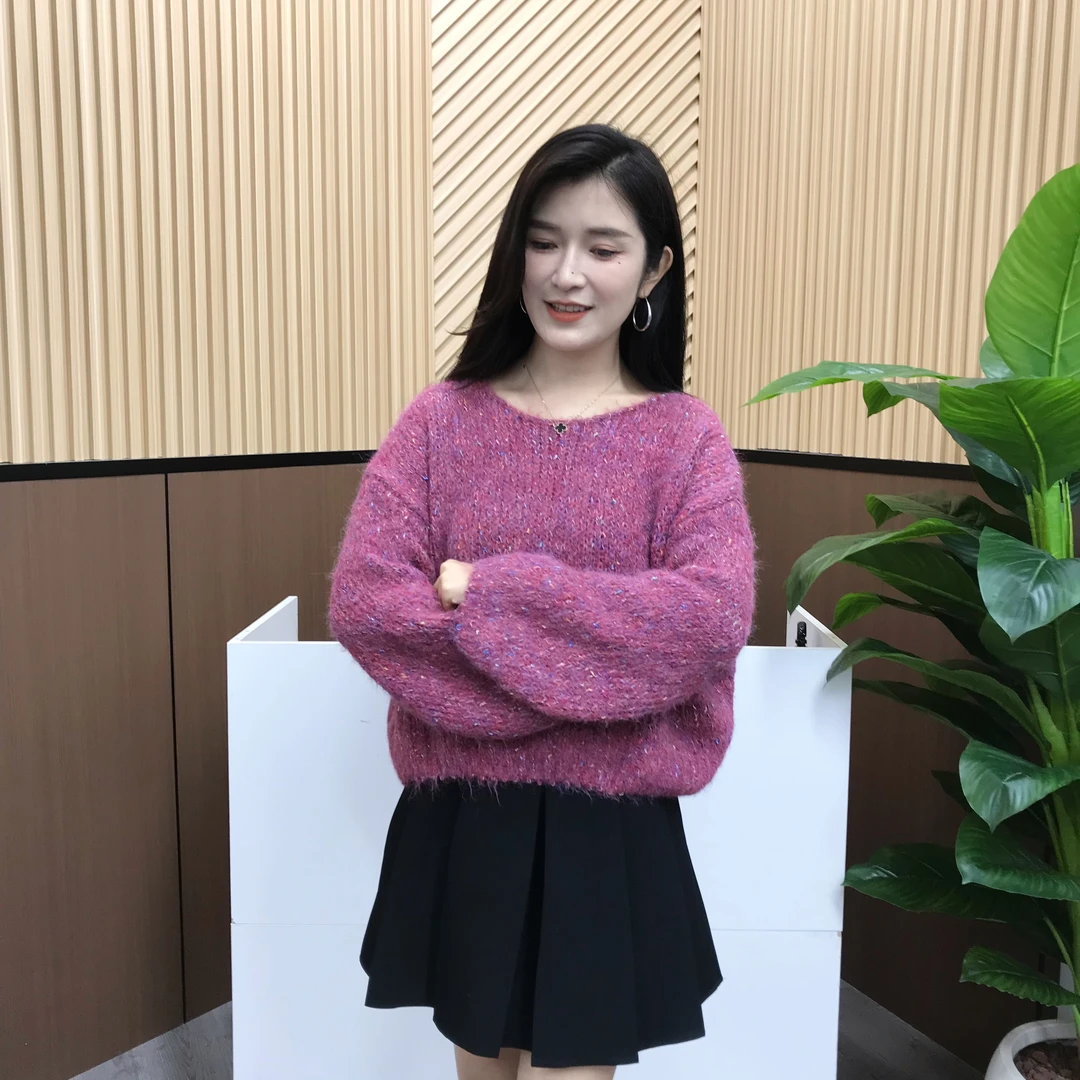 韩系减龄慵懒风宽松彩色圆领套头毛衣女软糯针织衫显瘦气质上衣潮