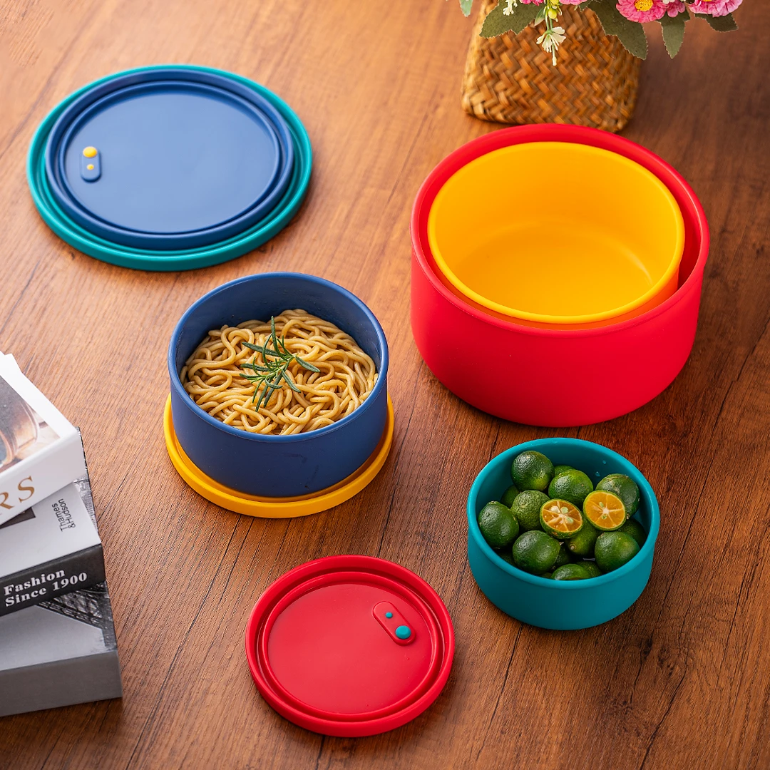 圆形硅胶保鲜饭盒带气阀食品级硅胶可微波可进烤箱冰箱洗碗机