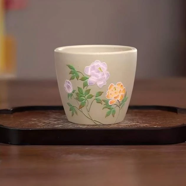 548宜兴紫砂茶具段泥泥料手工堆绘花朵主人杯170ml左右