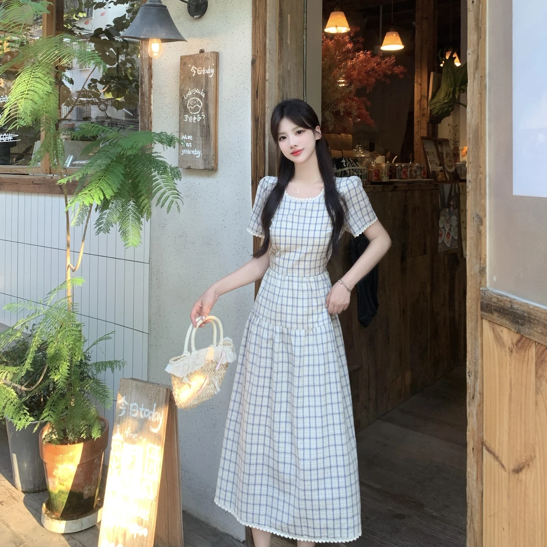 大码2025夏季新款胖mm时尚花边拼接可爱甜美格子连衣裙百搭显瘦