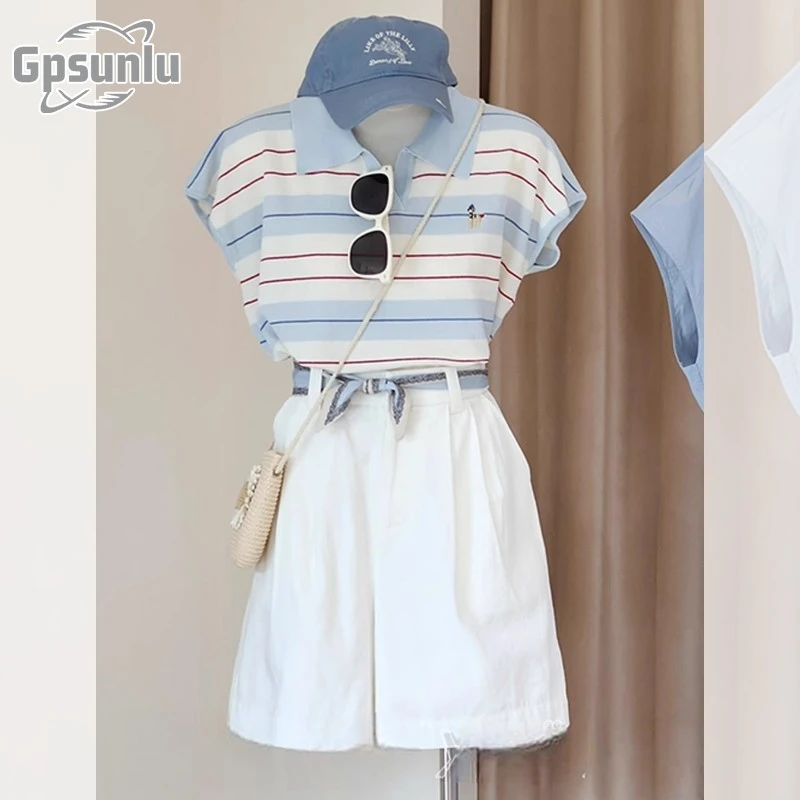 gpsunlu蓝色条纹领刺绣针织短袖女夏季设计感夏季蓝学生毛衣开衫