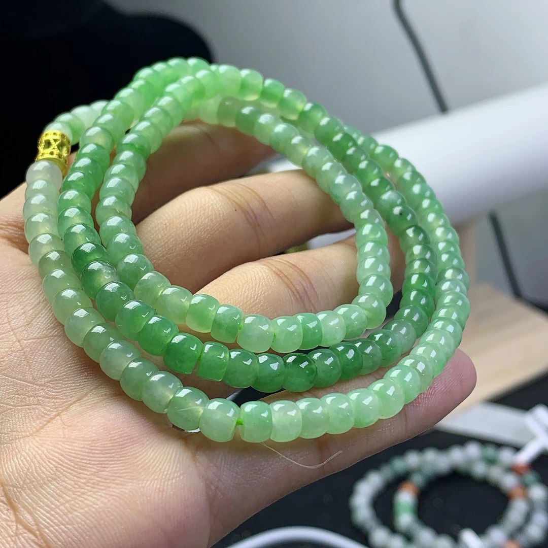 天然A货翡翠冰飘绿花算盘珠项链卡6左右