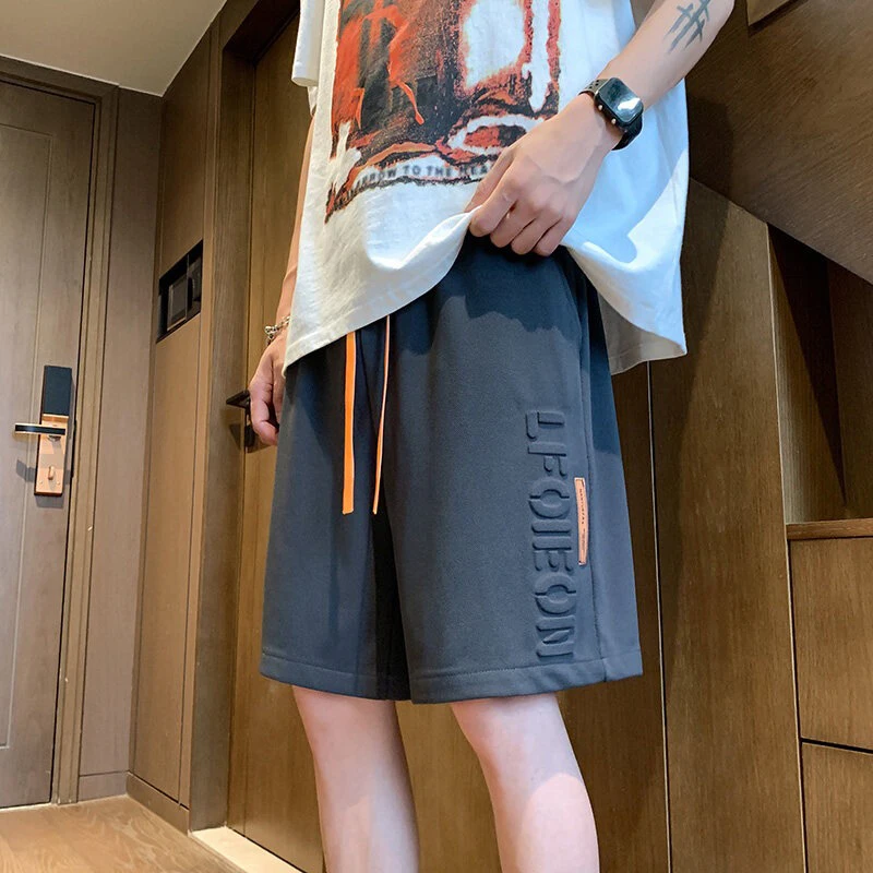 冰丝透气短裤男士夏季潮牌字母压花五分休闲裤子男青少年运动中裤