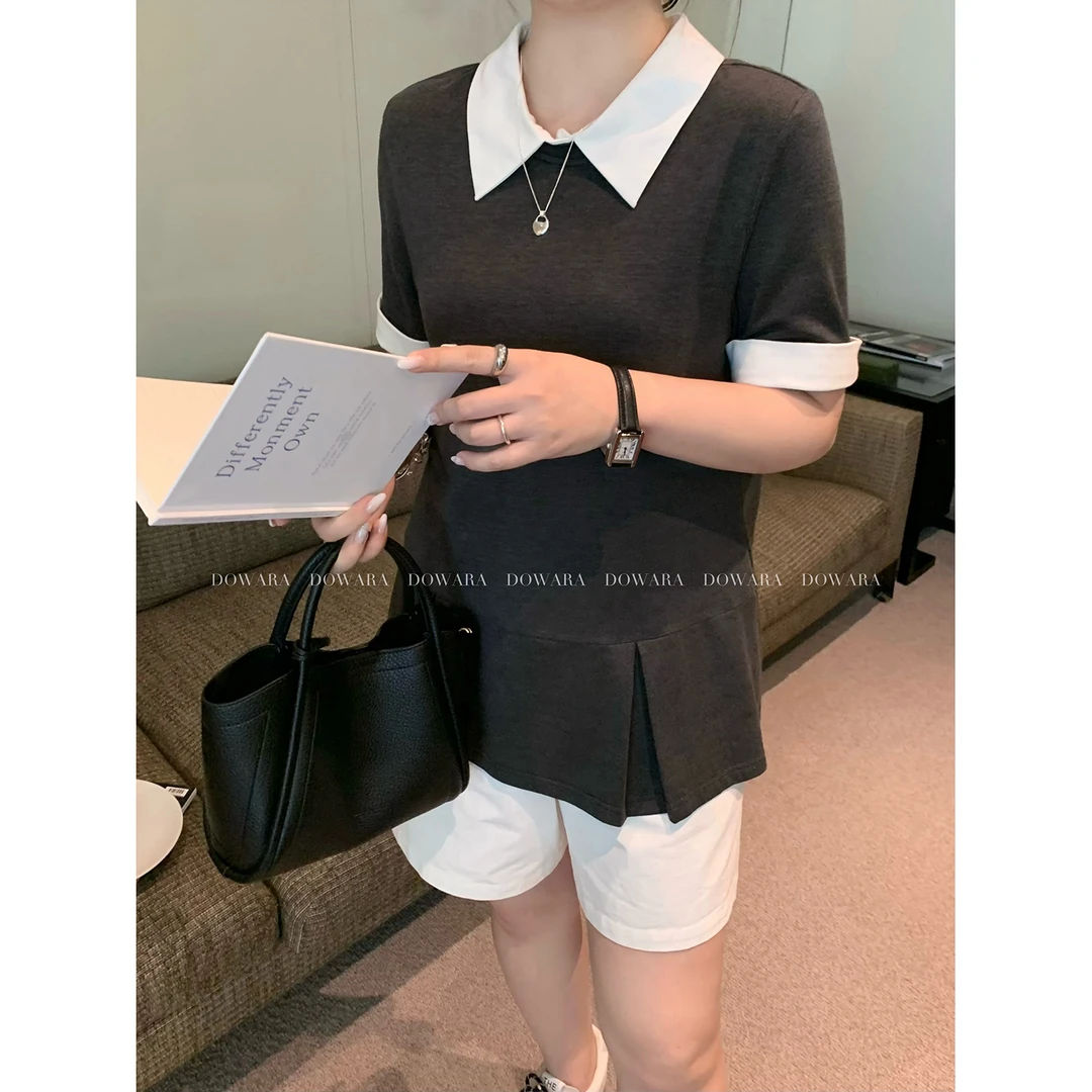 现货大婉酱微胖定制韩系甜美翻领撞色拼接小衫夏季洋气上衣 8385D