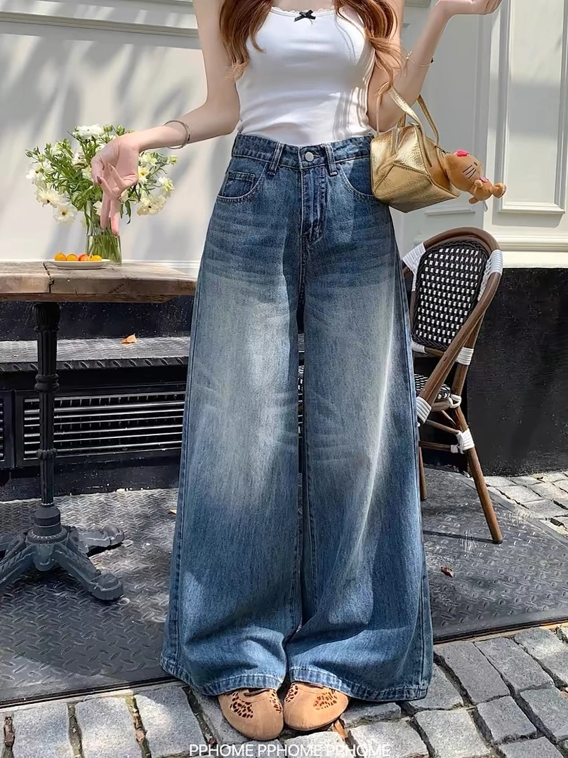 【裁】调性牛仔 复古水洗做旧牛仔裤垂感阔腿直筒显瘦长裤女