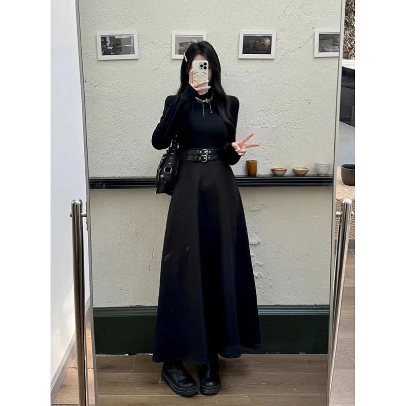 阿芝专属法式长袖连衣裙秋季赫本风气质小黑裙胖MM显瘦裙子00764