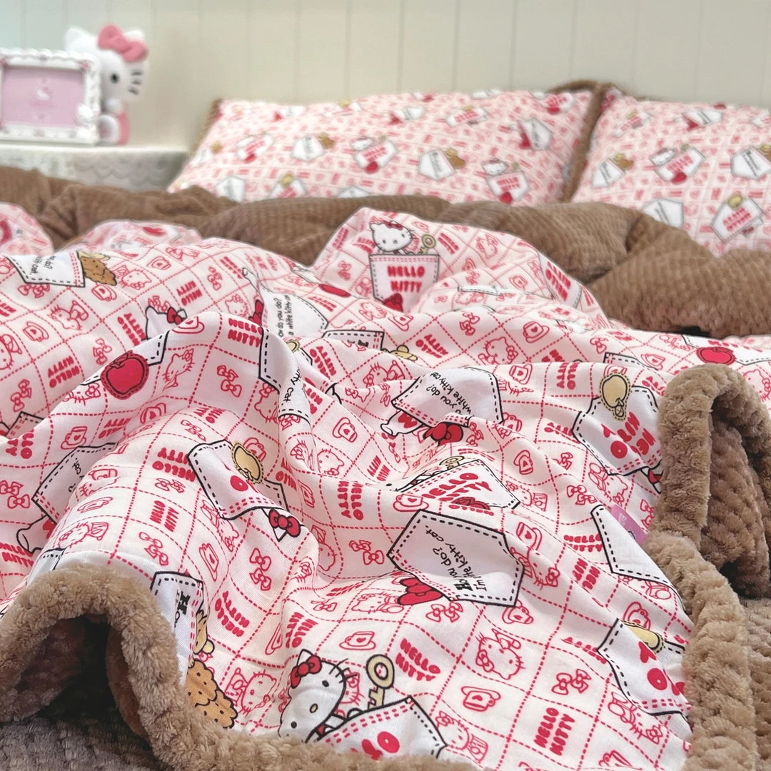 猫咪日记ins卡通格子双层纱加华夫格提花绒四件套保暖宿舍三件套