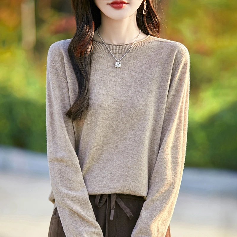 超细羊毛 一线成衣 纯羊毛针织圆领长袖上衣打底衫女