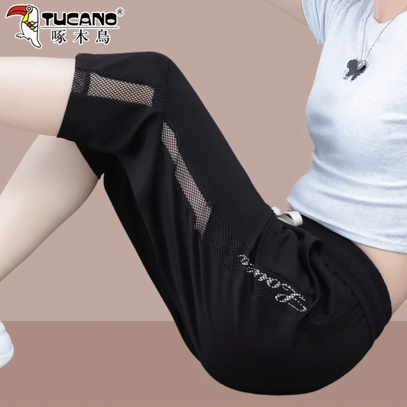 啄木鸟夏季速干七分裤女2025新款小个子运动裤冰丝薄款镂空裤子